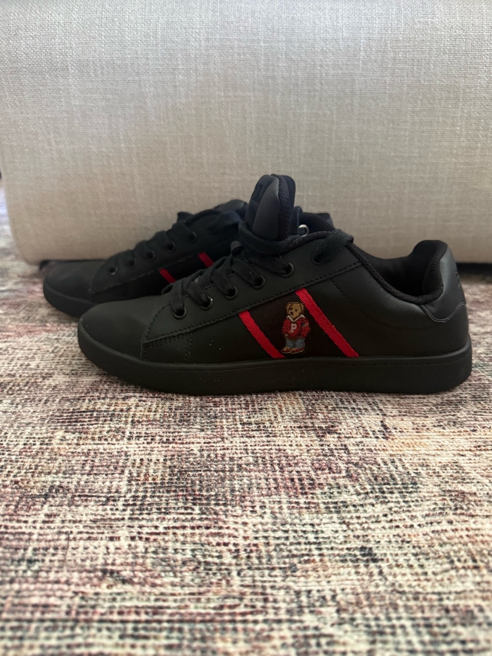 Polo by Ralph Lauren Black Low-Top Sneakers with Red Stripes and Bear Kids/Women